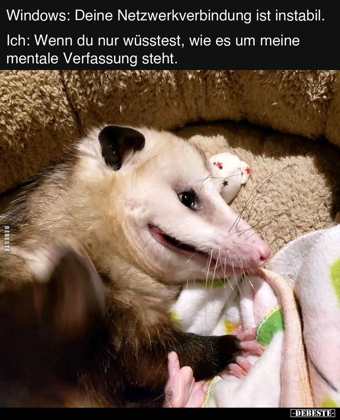 Windows: Deine Netzwerkverbindung ist instabil.
Ich: Wenn du nur wüsstest, wie es um meine mentale Verfassung steht.