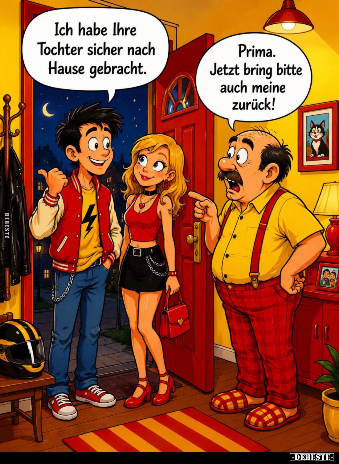 Ich habe Ihre Tochter sicher nach Hause gebracht. -
Prima. Jetzt bring bitte auch meine zurück!