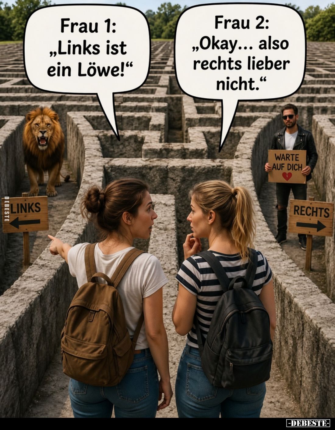Frau 1: „Links ist ein Löwe!“
Frau 2: „Okay... also rechts lieber nicht.“