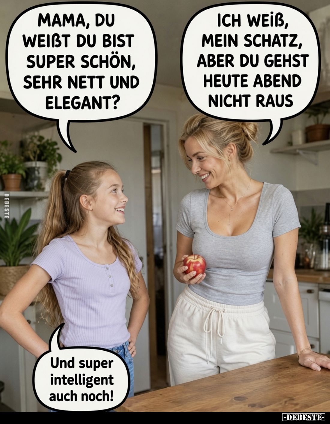 Mama, du weißt du bist super schön, sehr nett und elegant?
Ich weiß, mein Schatz, aber du gehst heute Abend nicht raus.
Und...