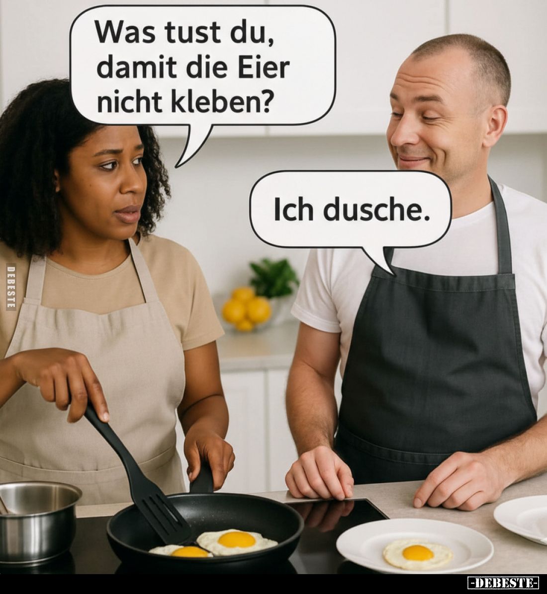 Was tust du, damit die Eier nicht kleben?

Ich dusche.