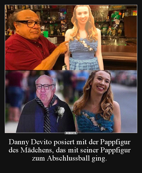 Danny Devito posiert mit der Pappfigur des Mädchens, das..