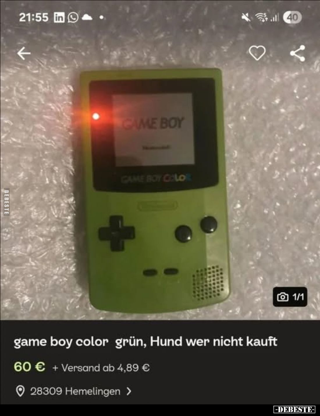 Game boy color grün, Hund wer nicht kauft,
60 € + Versand ab 4,89 €,
28309 Hemelingen >