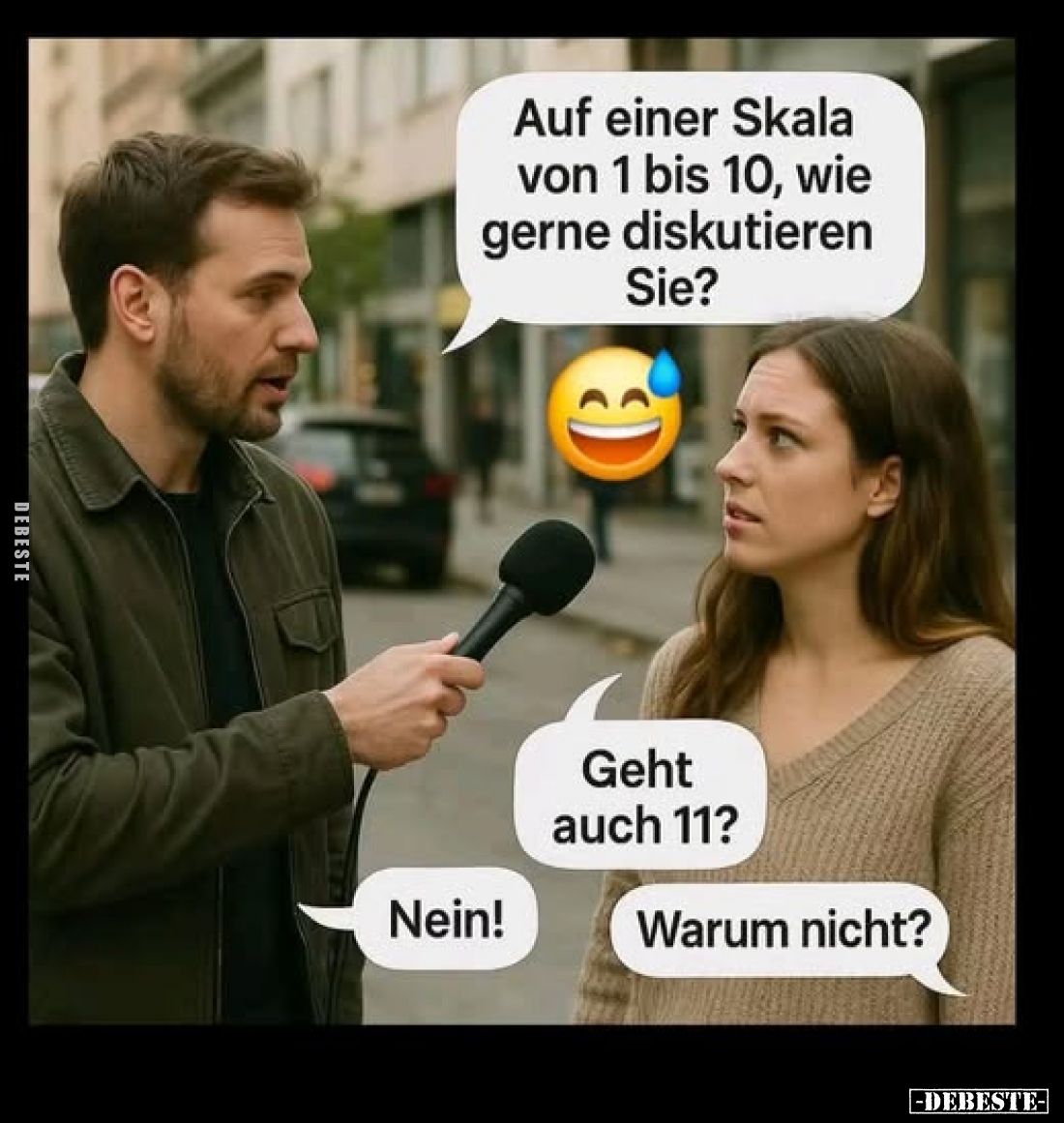 Auf einer Skala von 1 bis 10, wie gerne diskutieren Sie? -
Geht auch 11? -
Nein! -
Warum nicht?