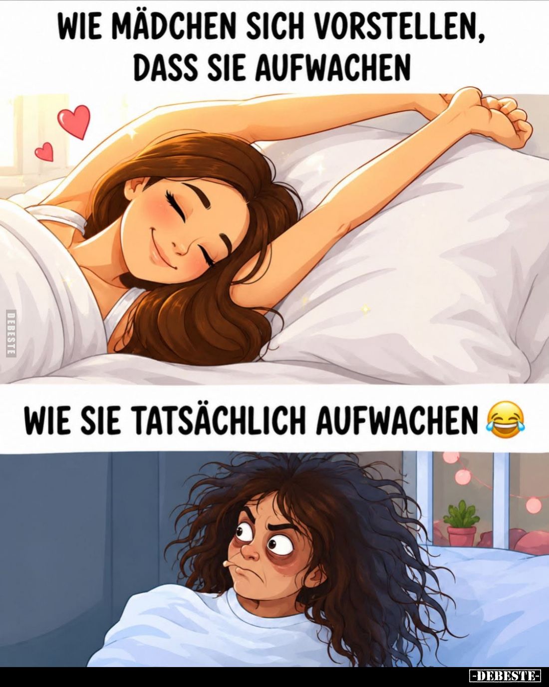 Wie Mädchen sich vorstellen, dass sie aufwachen. -
Wie sie tatsächlich aufwachen.