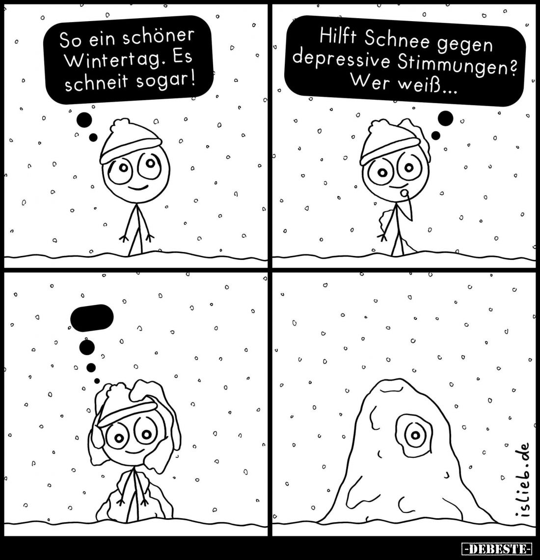 So ein schöner Wintertag. Es schneit sogar! -
Hilft Schnee gegen depressive Stimmungen? Wer weiß...