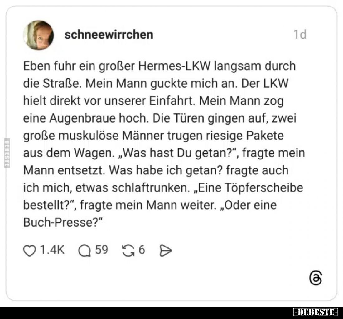 Eben fuhr ein großer Hermes-LKW langsam durch die Straße. Mein Mann guckte mich an. Der LKW hielt direkt vor unserer Einfahrt...