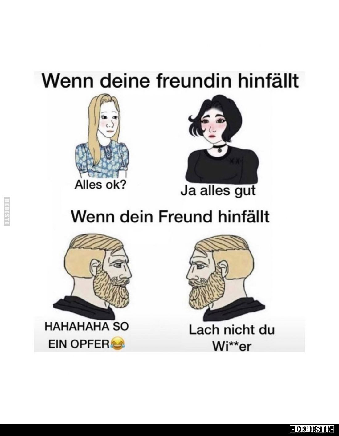 Wenn deine Freundin hinfällt:
Alles ok?
Ja alles gut. 
Wenn dein Freund hinfällt:
HAHAHAHA SO EIN OPFER.
Lach nicht du W...
