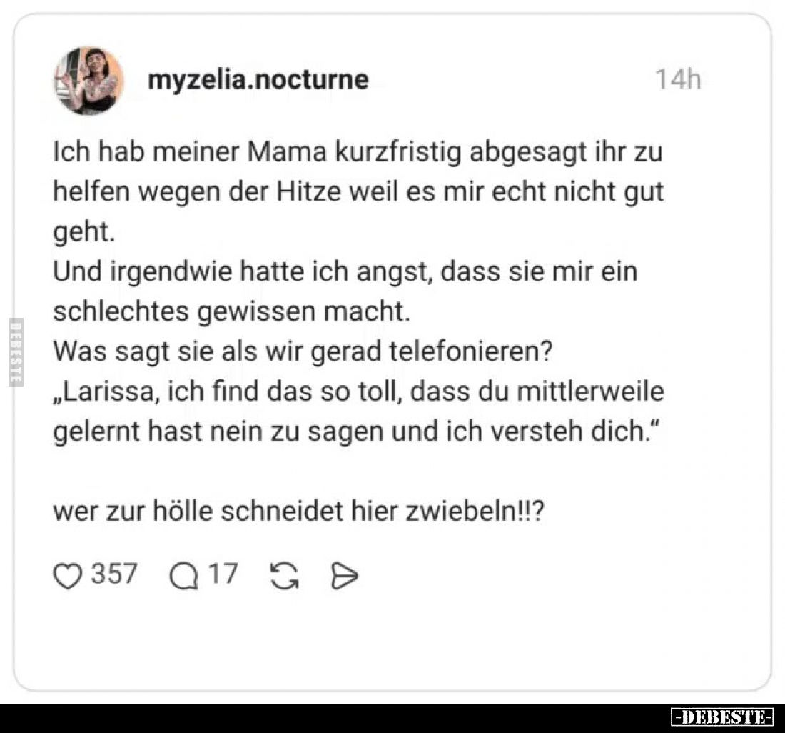 Ich hab meiner Mama kurzfristig abgesagt ihr zu helfen wegen der Hitze weil es mir echt nicht gut geht.
Und irgendwie hatte ...