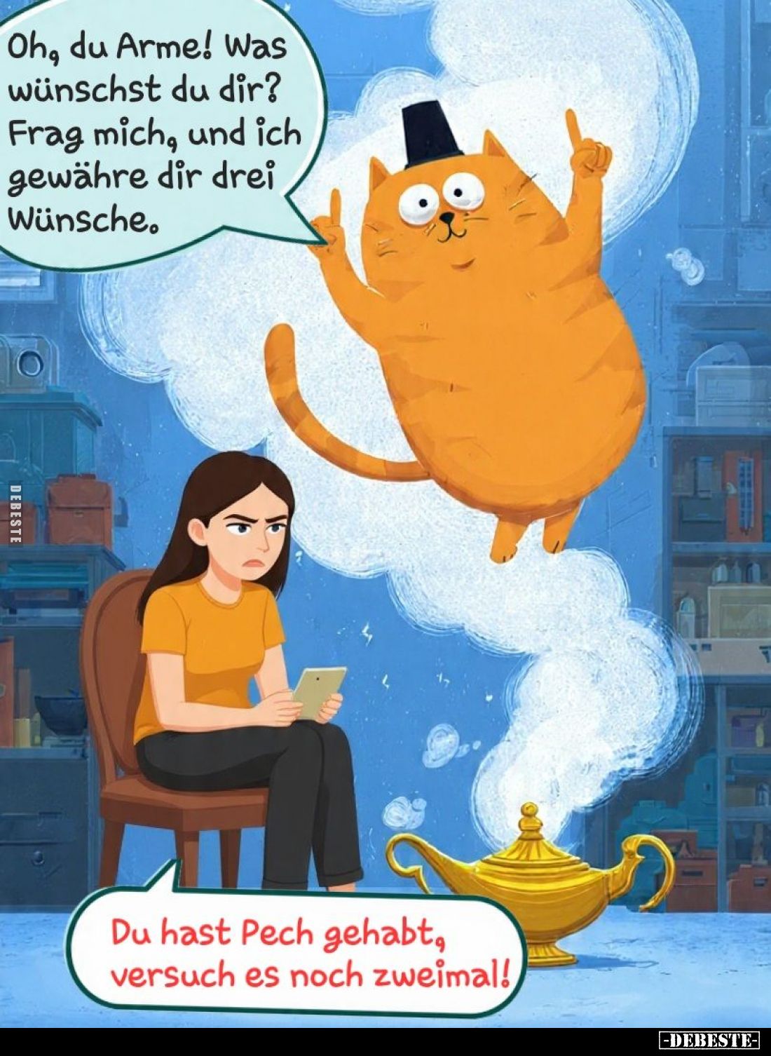 Oh, du Arme! Was wünschst du dir? Frag mich, und ich gewähre dir drei Wünsche.
-
Du hast Pech gehabt, versuch es noch zweim...