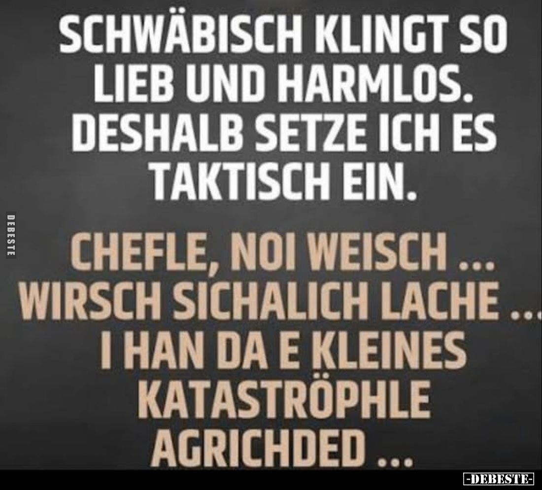 Schwäbisch klingt so lieb und harmlos. Deshalb setze ich es taktisch ein.
... Chefle, noi weisch wirsch sichalich lache ... ...