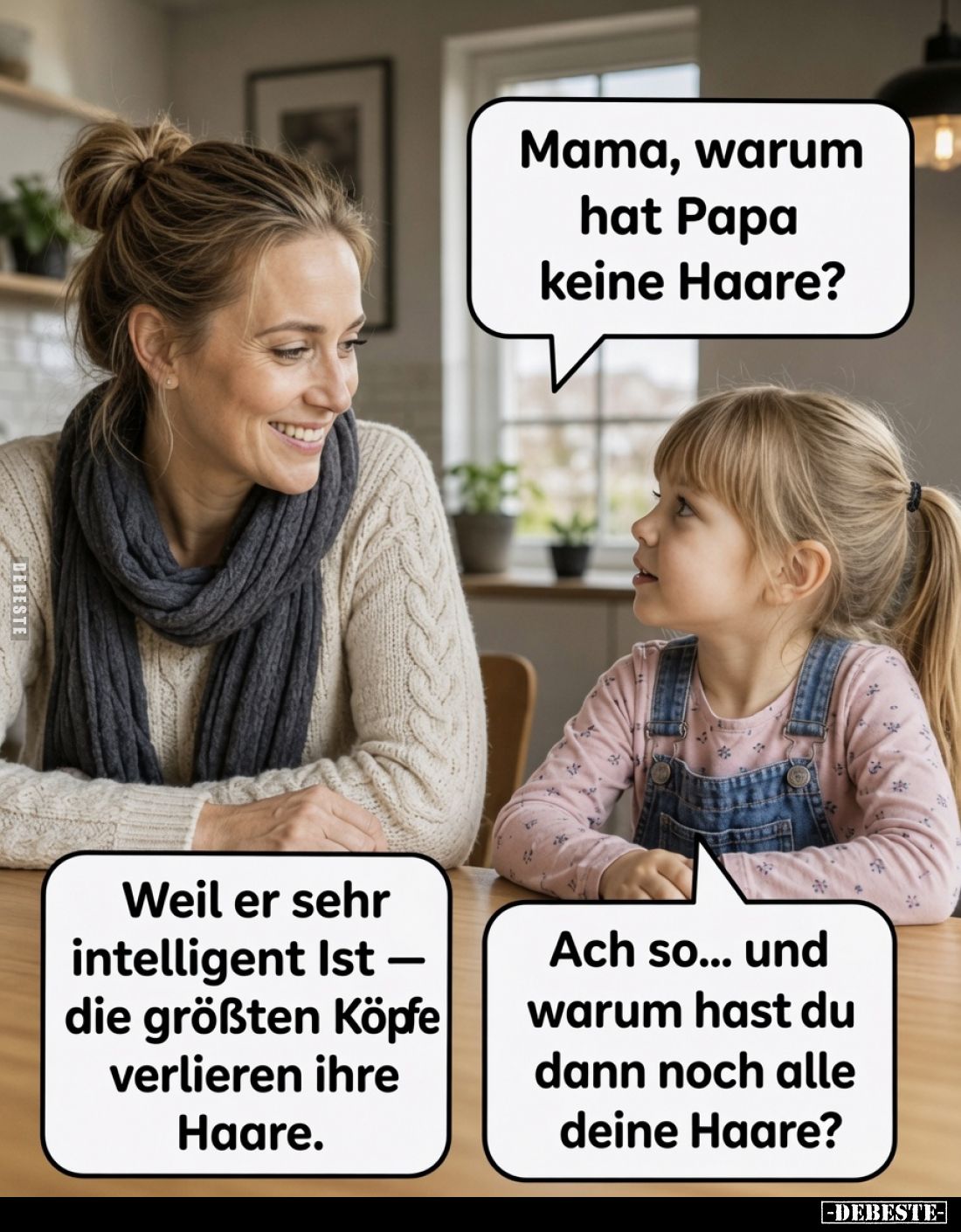 Mama, warum hat Papa keine Haare?
Weil er sehr intelligent Ist -die größten Köpfe verlieren ihre Haare.
Ach so... und warum...