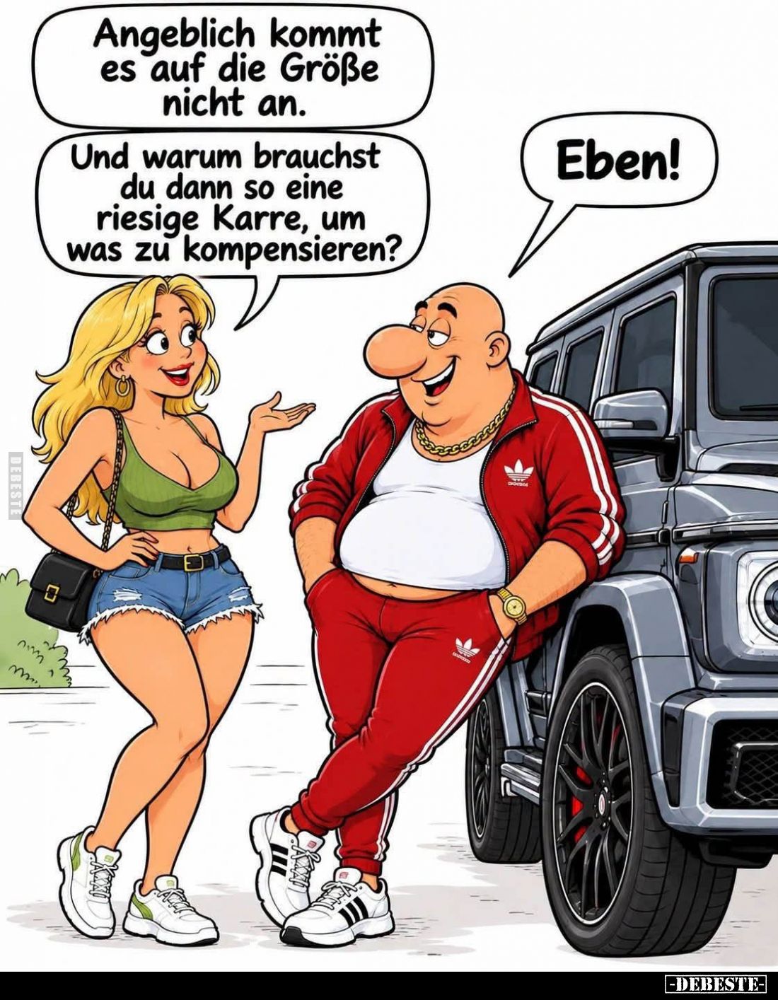 Angeblich kommt es auf die Größe nicht an.
Und warum brauchst du dann so eine riesige Karre, um was zu kompensieren? Eben!