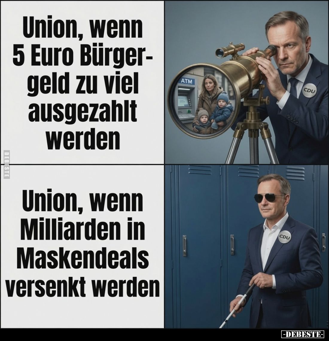 Union, wenn 5 Euro Bürgergeld zu viel ausgezahlt werden.
-
Union, wenn Milliarden in Maskendeals versenkt werden.
