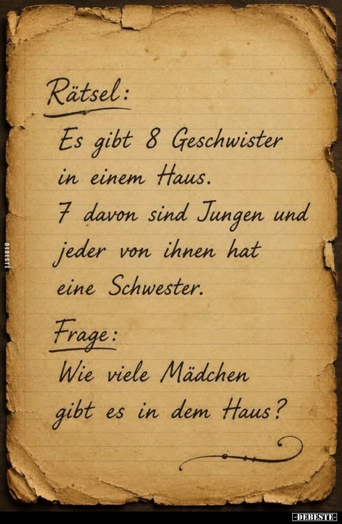 Rätsel:
Es gibt 8 Geschwister in einem Haus.
7 davon sind Jungen und jeder von ihnen hat eine Schwester. -
Frage:
Wie vie...