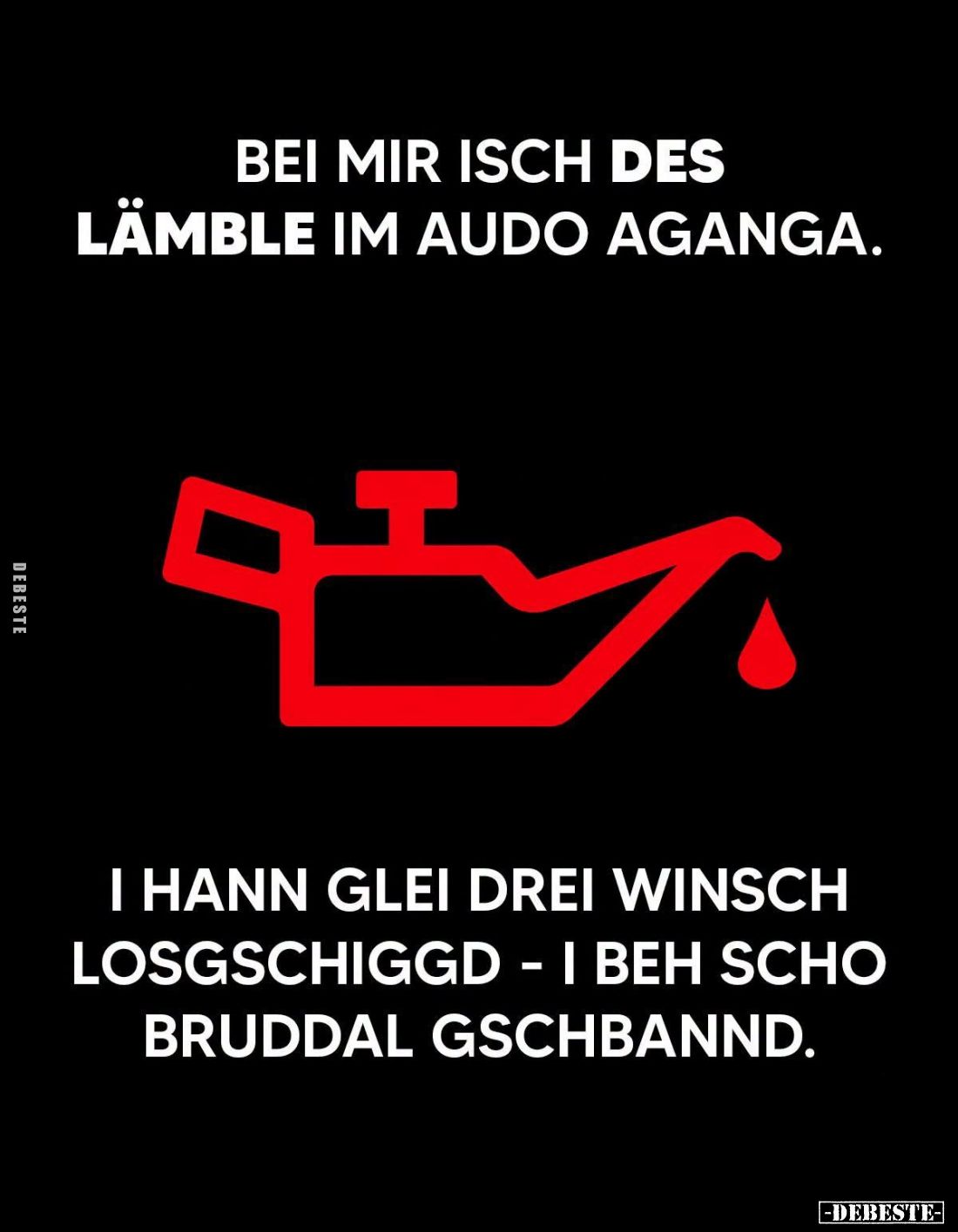 Bei mir isch des Lämble im Audo aganga.
I hann glei drei Winsch losgschiggd - i beh scho bruddal gschbannd.