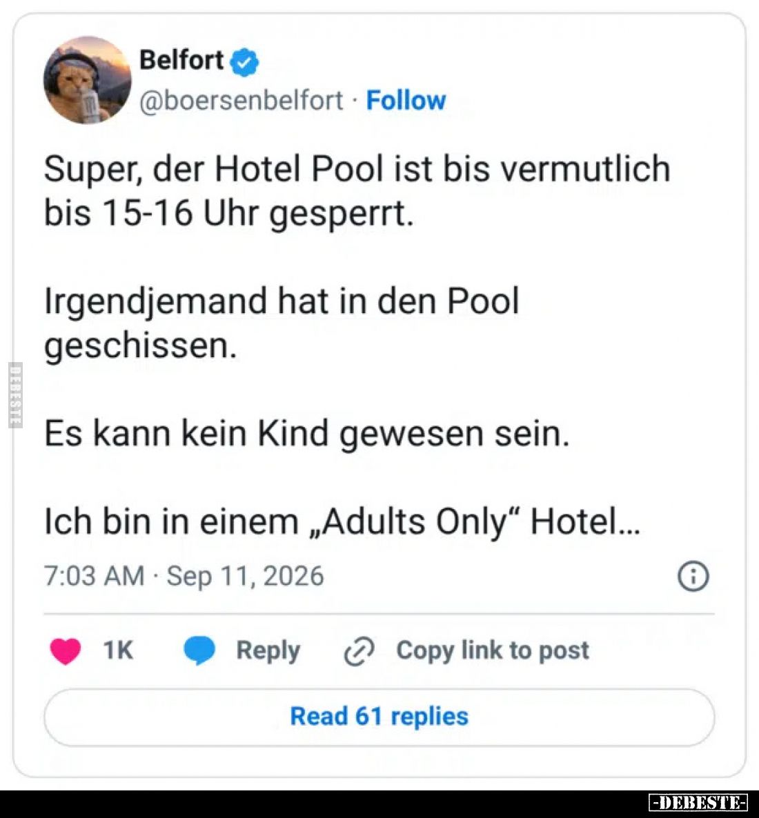 Super, der Hotel Pool ist bis vermutlich bis 15-16 Uhr gesperrt.

Irgendjemand hat in den Pool geschissen.

Es kann kein ...