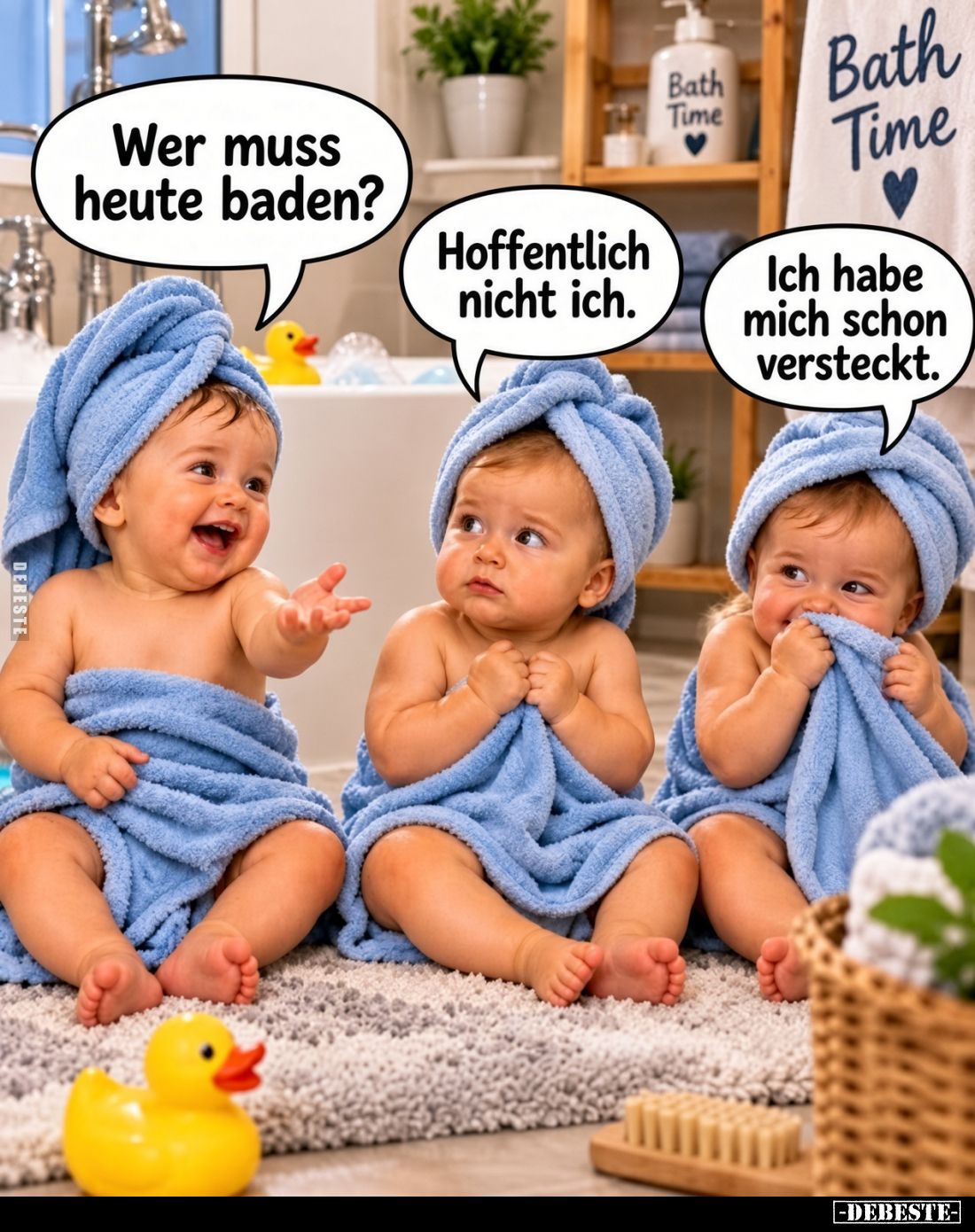 Wer muss heute baden?

Hoffentlich nicht ich.

Ich habe mich schon versteckt.
