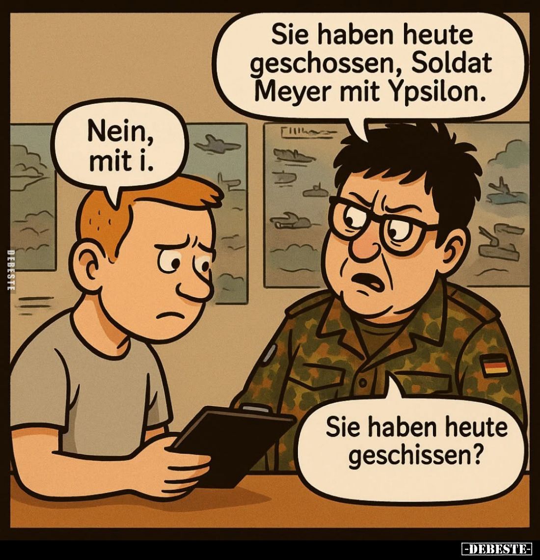 Sie haben heute geschossen, Soldat Meyer mit Ypsilon. -
Nein, mit i. -
Sie haben heute geschissen?