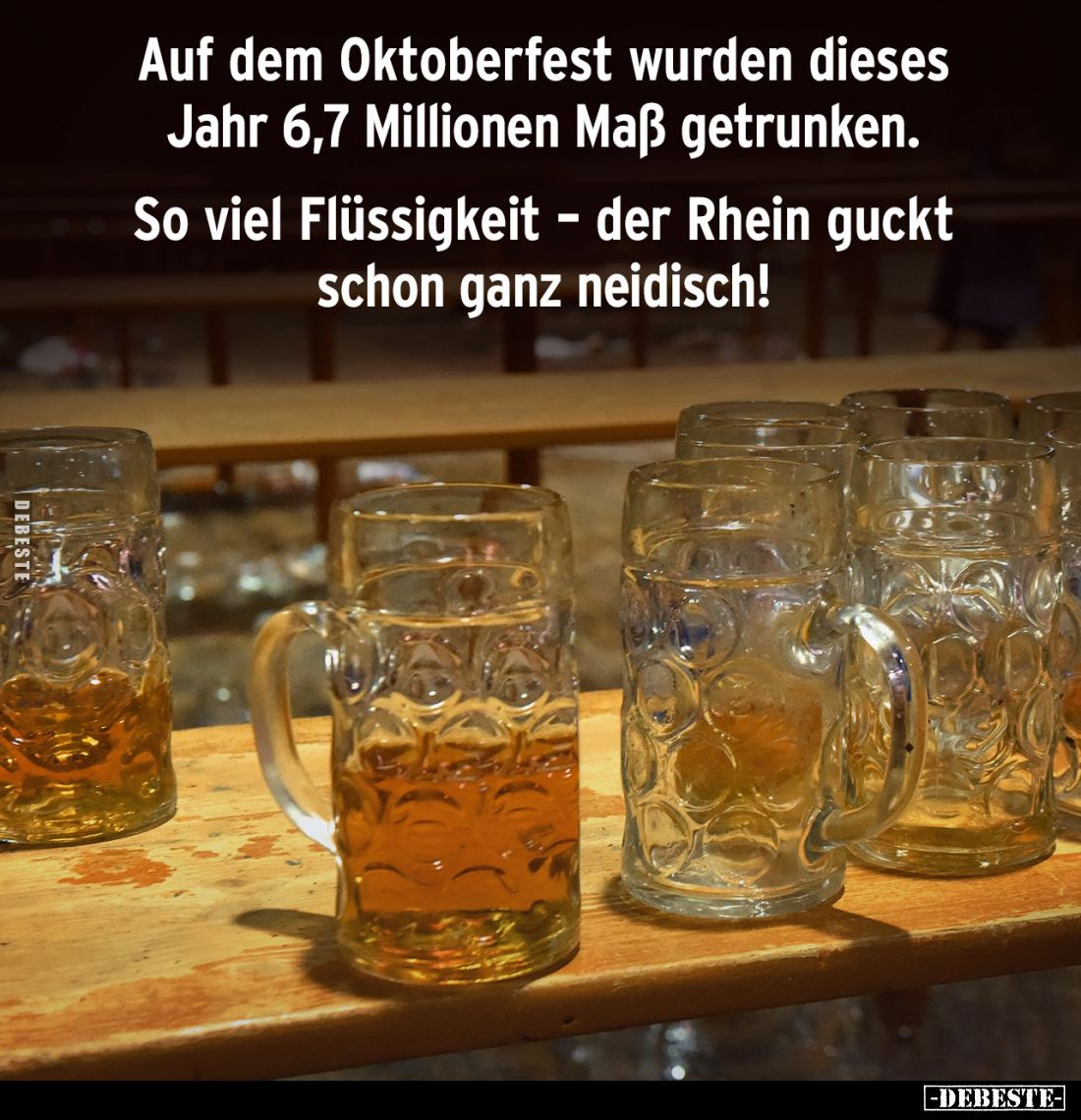 Auf dem Oktoberfest wurden dieses Jahr 6,7 Millionen Maß getrunken.
So viel Flüssigkeit - der Rhein guckt schon ganz neidisc...