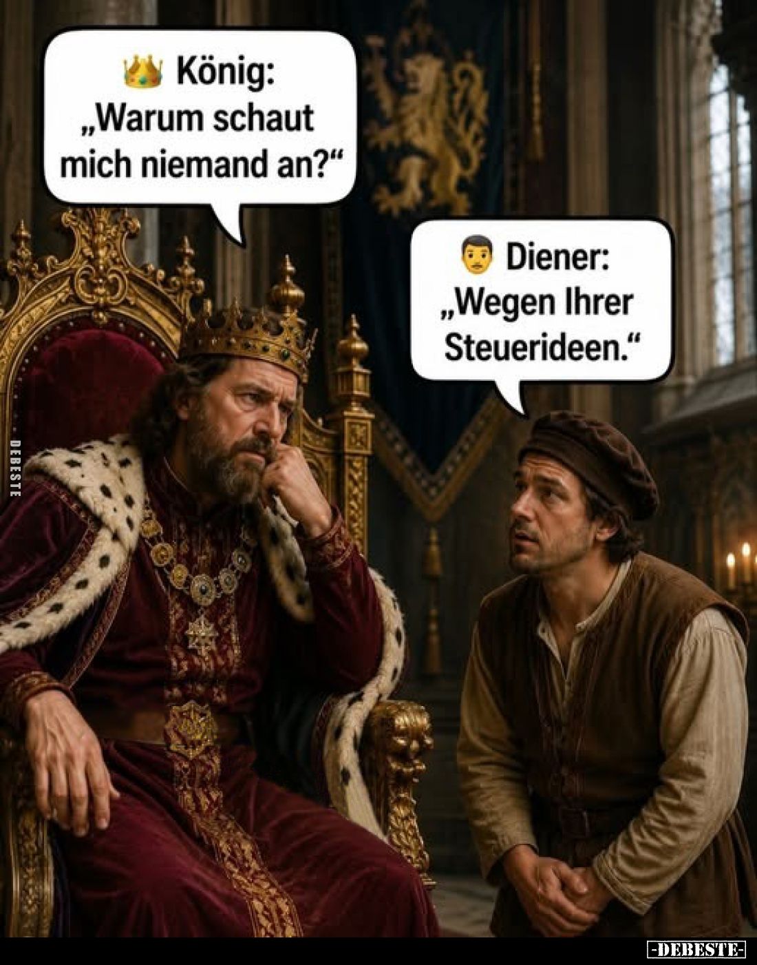 König:
„Warum schaut mich niemand an?"
Diener:
„Wegen Ihrer Steuerideen."