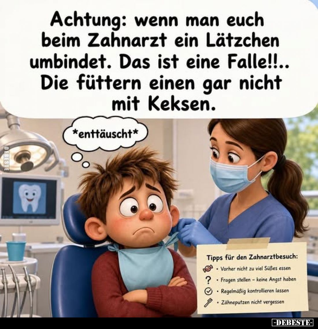 Achtung: wenn man euch beim Zahnarzt ein Lätzchen umbindet. Das ist eine Falle!!... Die füttern einen gar nicht mit Keksen.
...