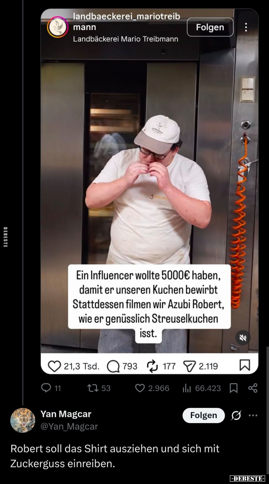 Ein Influencer wollte 5000€ haben, damit er unseren Kuchen bewirbt
Stattdessen filmen wir Azubi Robert, wie er genüsslich St...