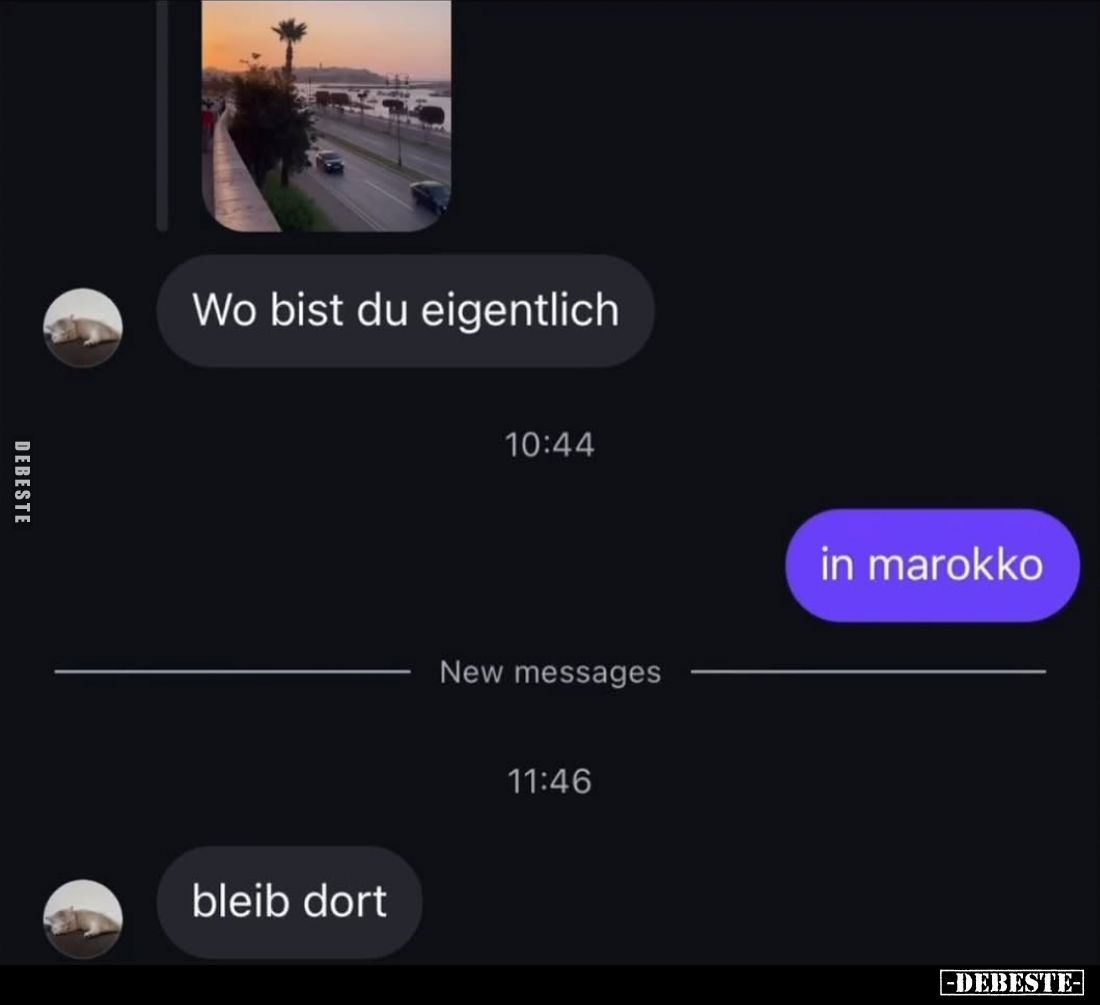 Wo bist du eigentlich.
-
In Marokko.
-
Bleib dort.