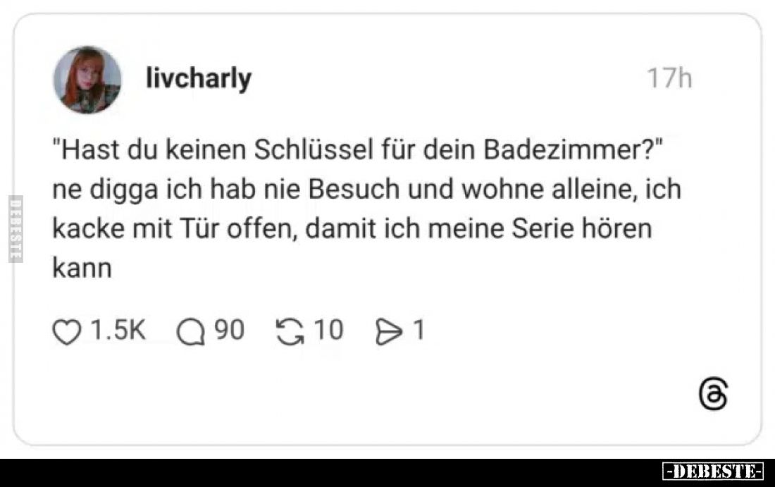 "Hast du keinen Schlüssel für dein Badezimmer?" ne digga ich hab nie Besuch und wohne alleine, ich kacke mit Tür of...