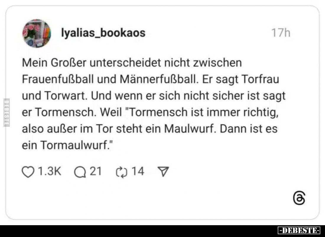 Mein Großer unterscheidet nicht zwischen Frauenfußball und Männerfußball. Er sagt Torfrau und Torwart. Und wenn er sich nicht...