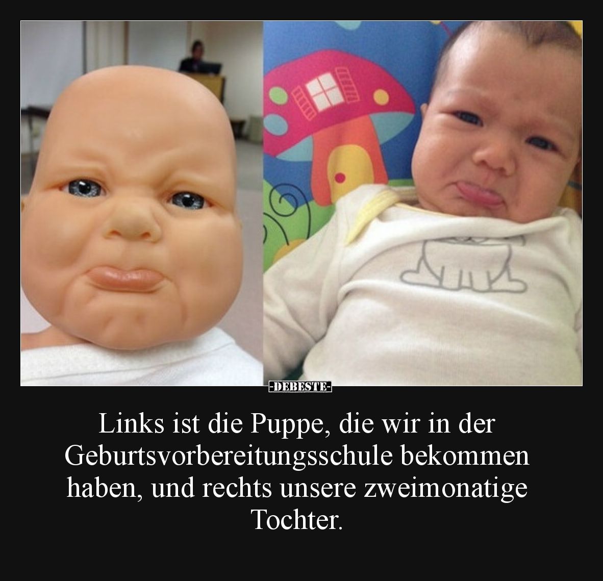 Links ist die Puppe, die wir in der Geburtsvorbereitungsschule bekommen haben, und rechts unsere zweimonatige Tochter.