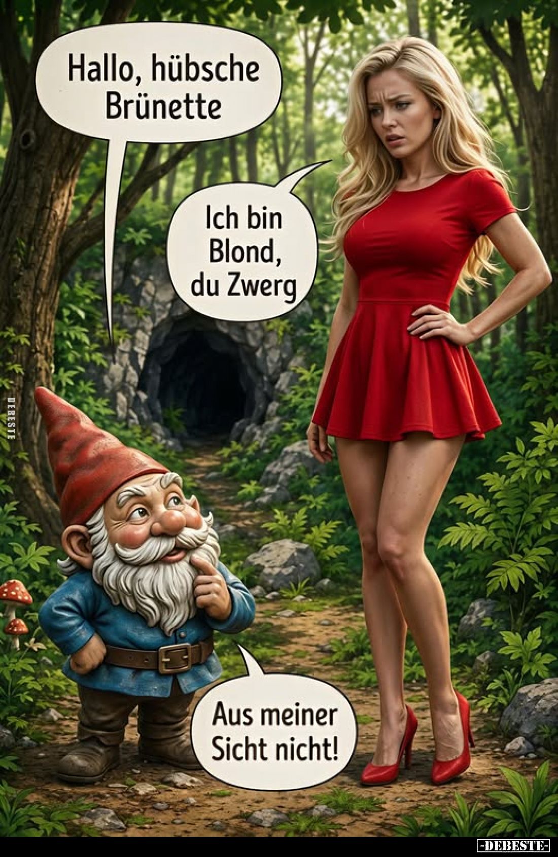 Hallo, hübsche Brünette.
Ich bin Blond, du Zwerg.
Aus meiner Sicht nicht!