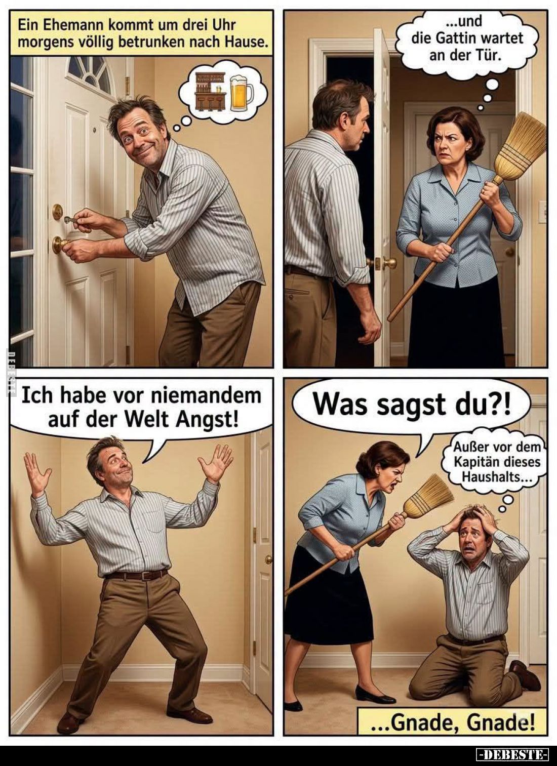 Ein Ehemann kommt um drei Uhr morgens völlig betrunken nach Hause. -
...und die Gattin wartet an der Tür. - Ich habe vor nie...