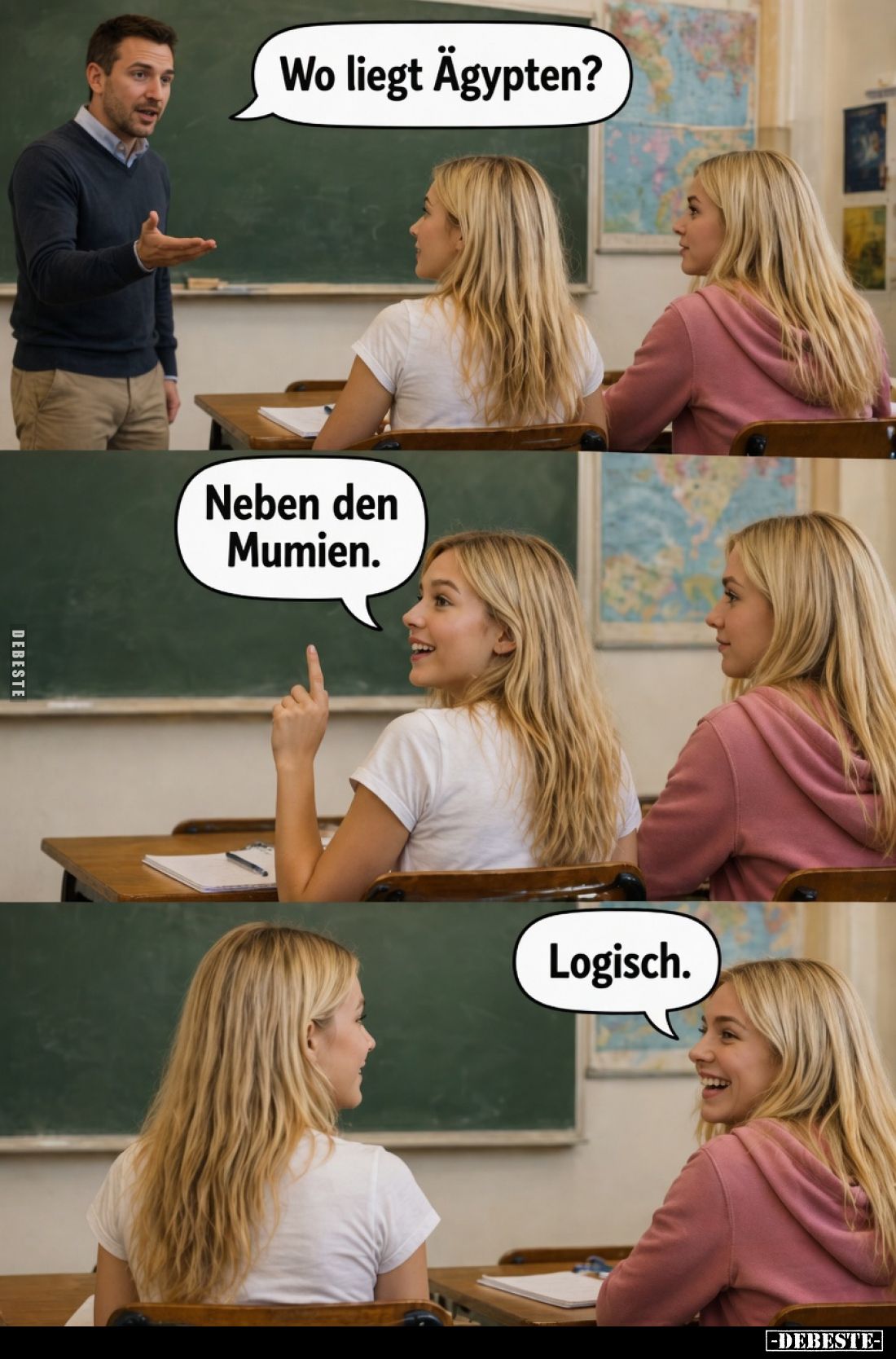 Wo liegt Ägypten?
Neben den Mumien.
Logisch.