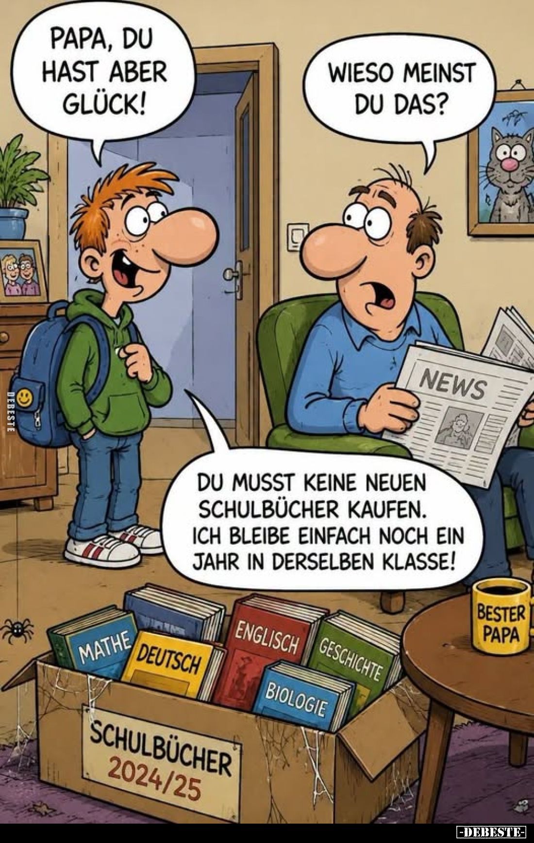 Papa, du hast aber Glück!
-
Wieso meinst du das?
-
Du musst keine neuen Schulbücher kaufen. Ich bleibe einfach noch ein J...