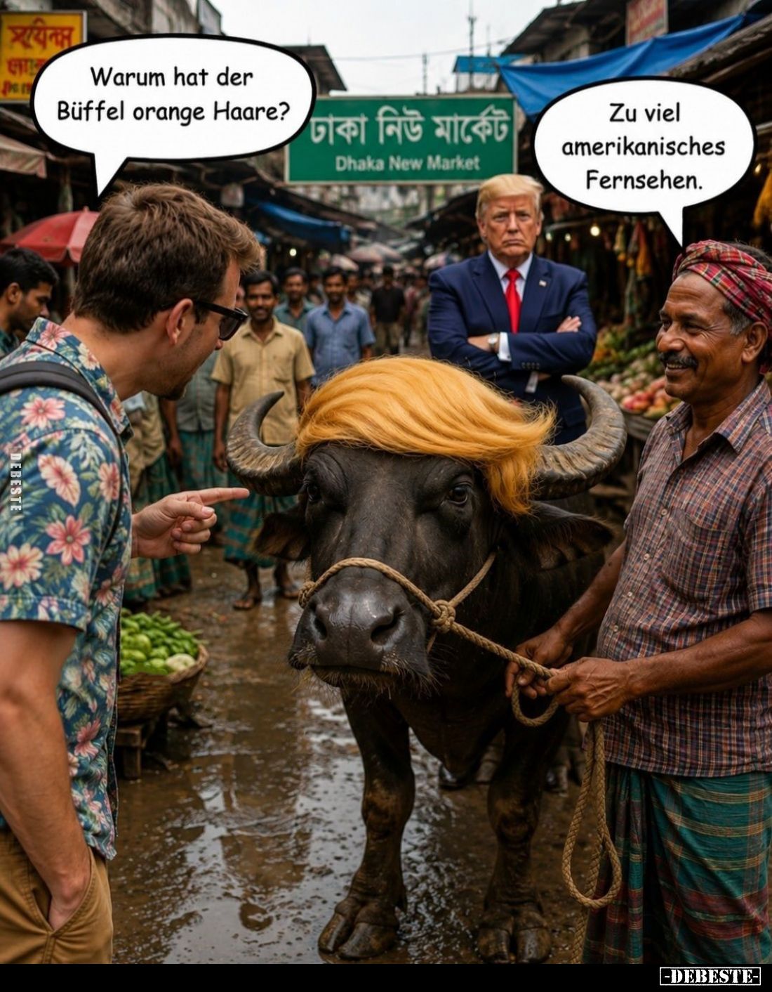 Warum hat der Büffel orange Haare? - Zu viel amerikanisches Fernsehen.