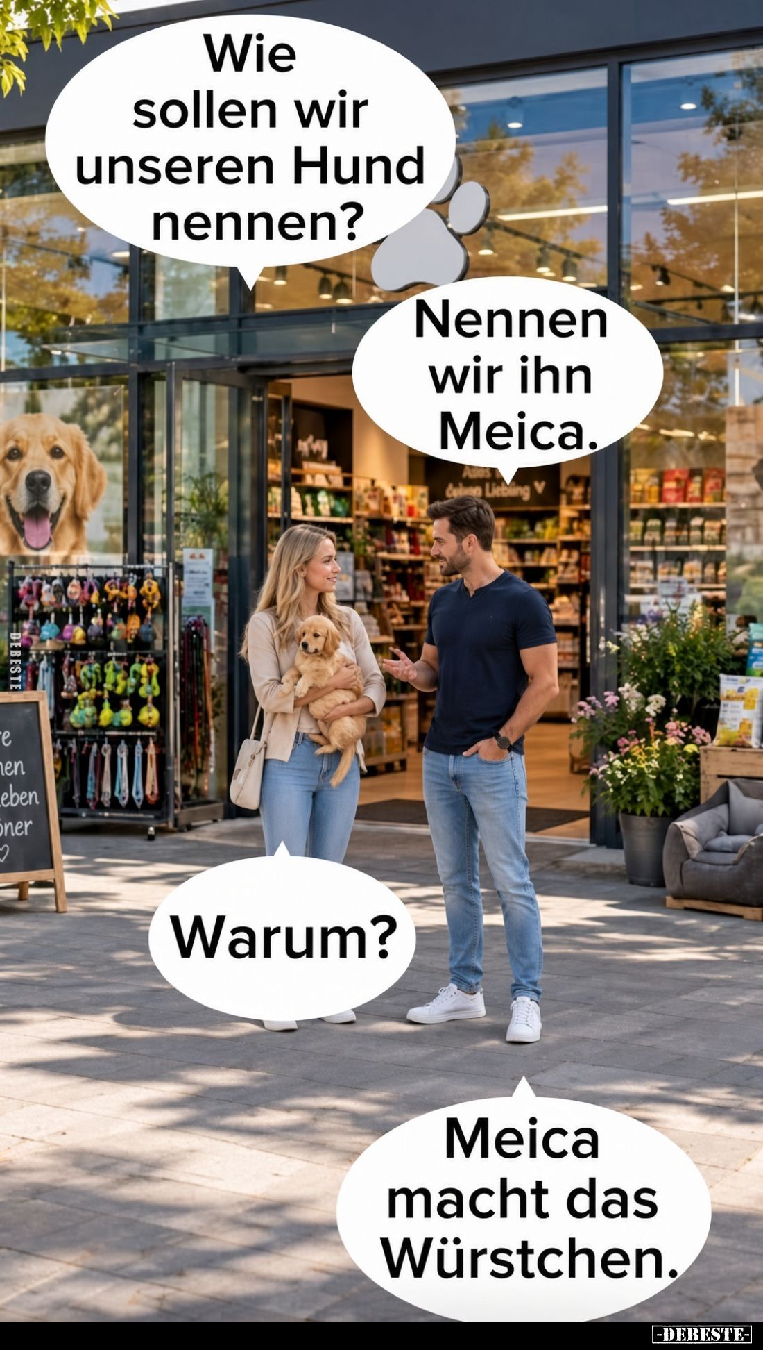 Wie sollen wir unseren Hund nennen?
Nennen wir ihn Meica.
Warum?
Meica macht das Würstchen.