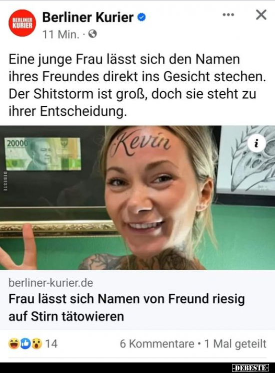 Frau lässt sich Namen von Freund riesig auf Stirn.. - Lustige Bilder | DEBESTE.de