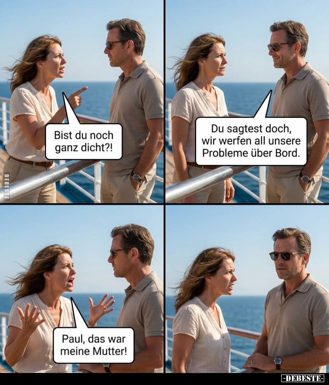 Bist du noch ganz dicht?! - 
Du sagtest doch, wir werfen all unsere Probleme über Bord. - Paul, das war meine Mutter!
