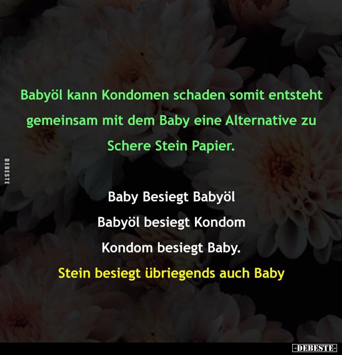 Babyöl kann Kondomen schaden somit entsteht gemeinsam mit dem Baby eine Alternative zu Schere Stein Papier.
Baby Besiegt Bab...