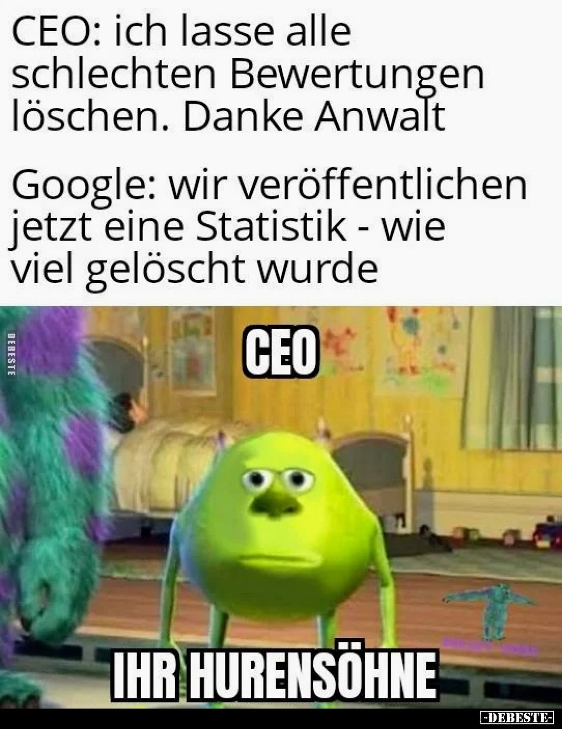 CEO: ich lasse alle schlechten Bewertungen löschen. Danke Anwalt
Google: wir veröffentlichen jetzt eine Statistik - wie viel...