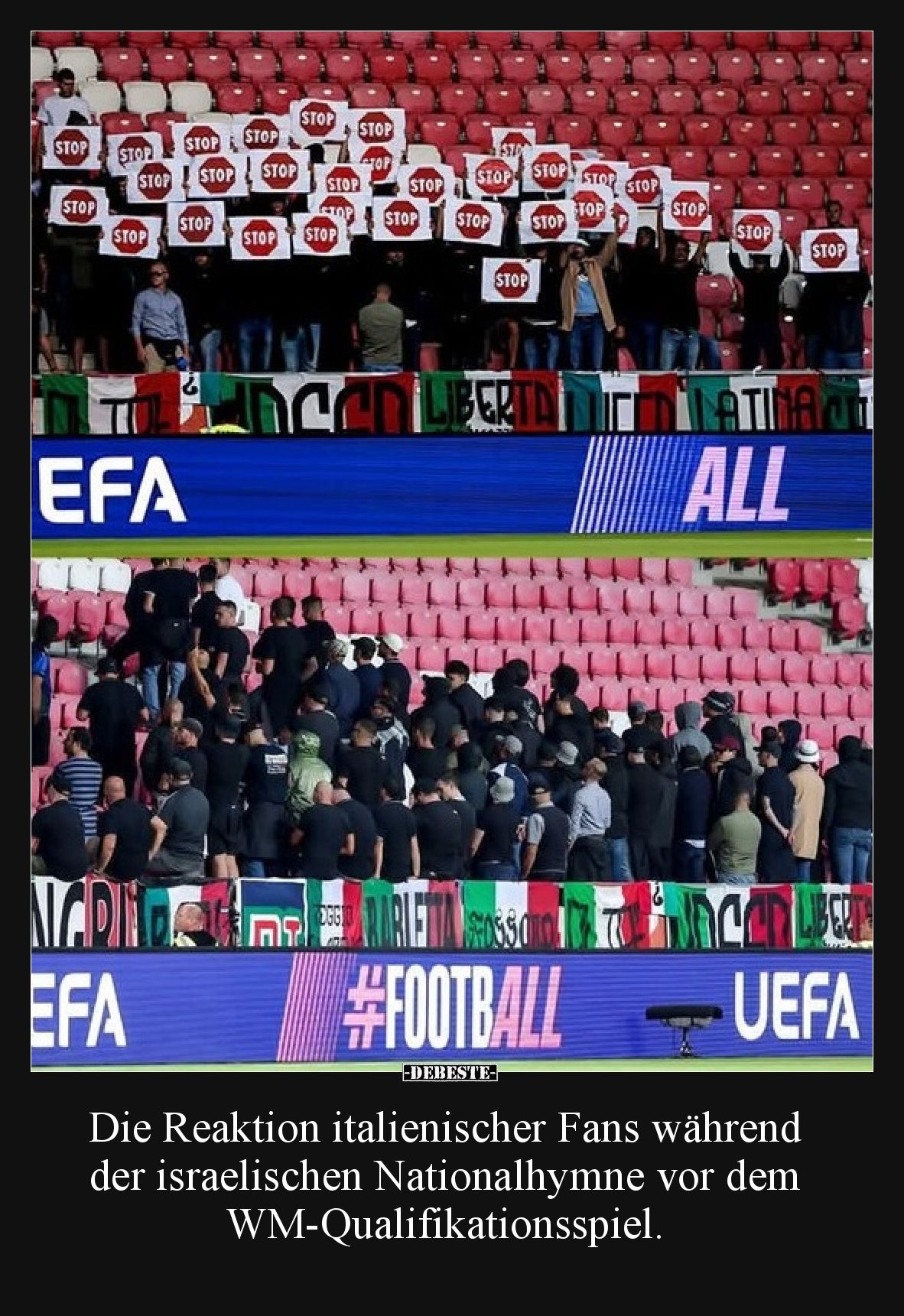 Die Reaktion italienischer Fans während der israelischen Nationalhymne vor dem WM-Qualifikationsspiel.