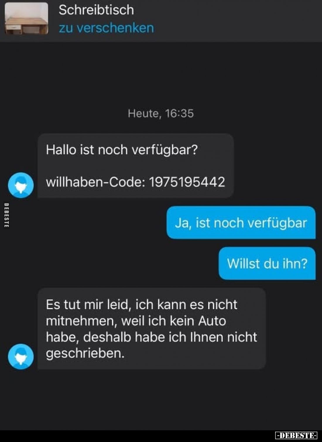 Schreibtisch
zu verschenken
-
Hallo ist noch verfügbar?
willhaben-Code: 1975195442
-
Ja, ist noch verfügbar
Willst du ...