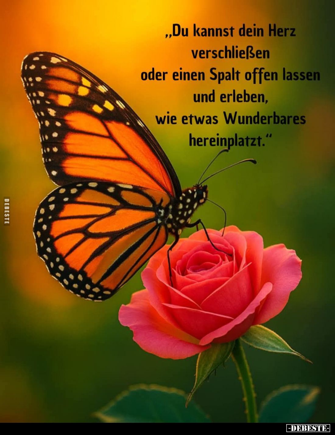 "Du kannst dein Herz verschließen oder einen Spalt offen lassen und erleben,
wie etwas Wunderbares hereinplatzt."