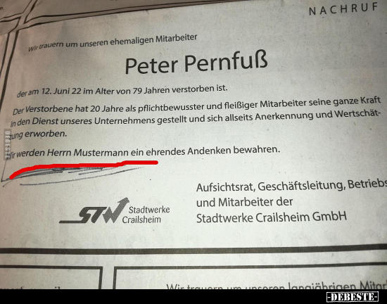 Wir werden Herrn Mustermann ein ehrendes Andenken.. - Lustige Bilder | DEBESTE.de