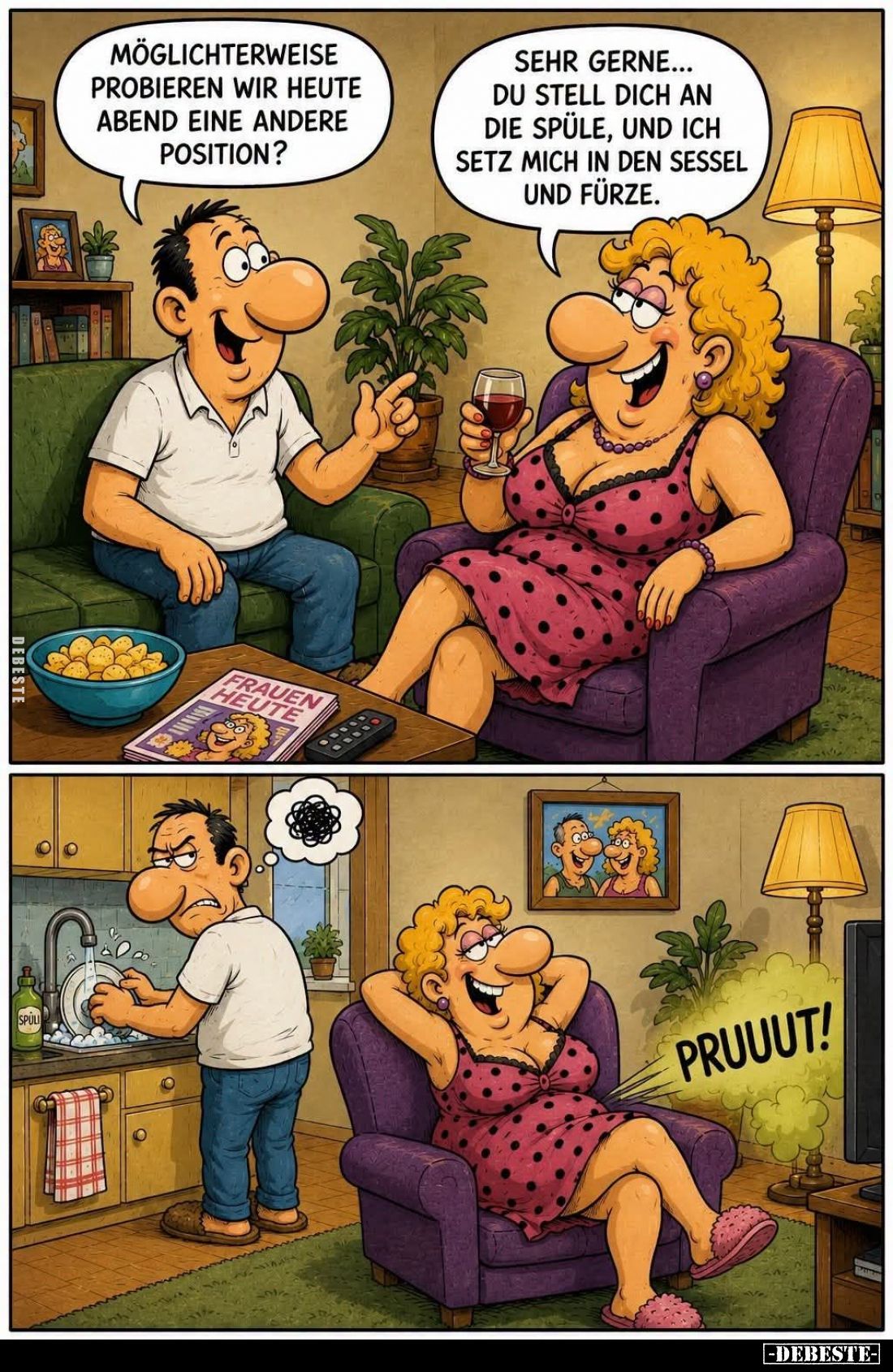 Möglichterweise probieren wir heute Abend eine andere Position?
Sehr gerne... Du stell dich an die Spüle, und ich setz mich ...