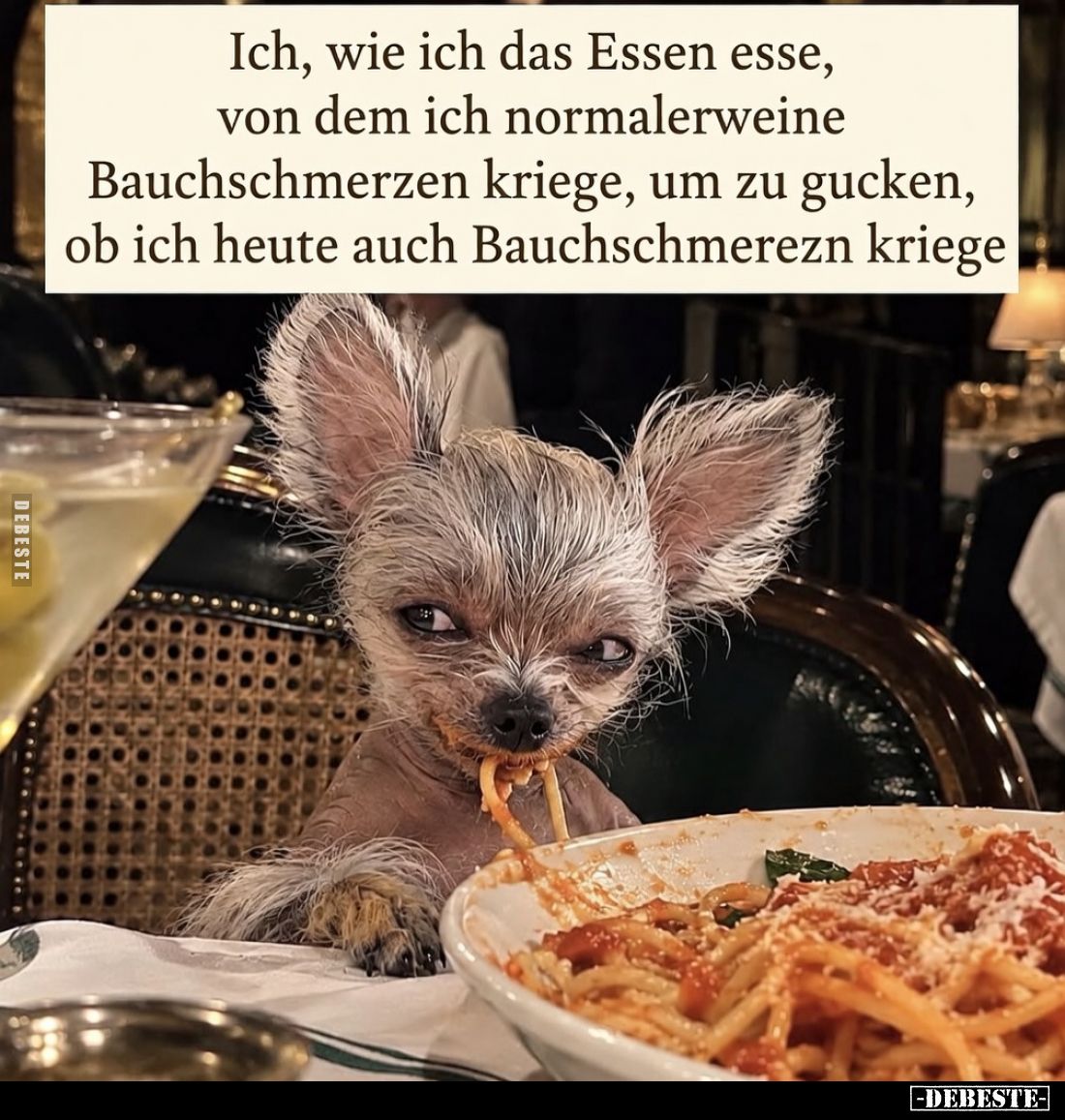 Ich, wie ich das Essen esse, von dem ich normalerweise Bauchschmerzen kriege, um zu gucken, ob ich heute auch Bauchschmerzen ...