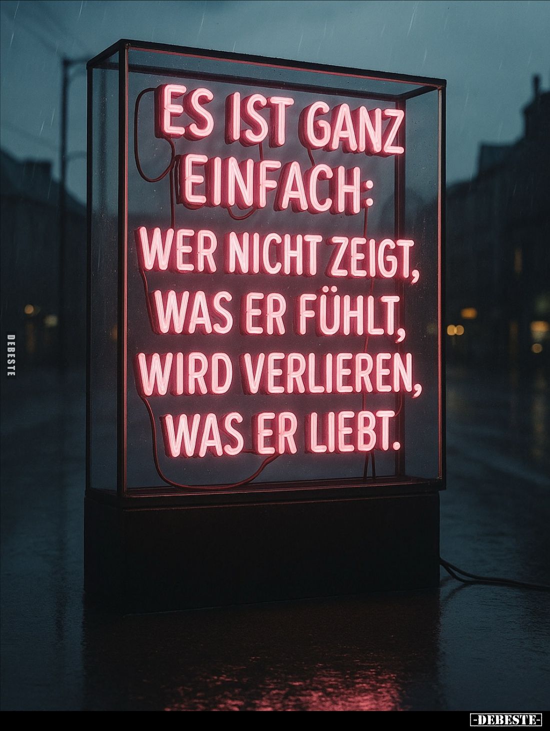 Es ist ganz einfach:
Wer nicht zeigt, was er fühlt, wird verlieren, was er liebt.