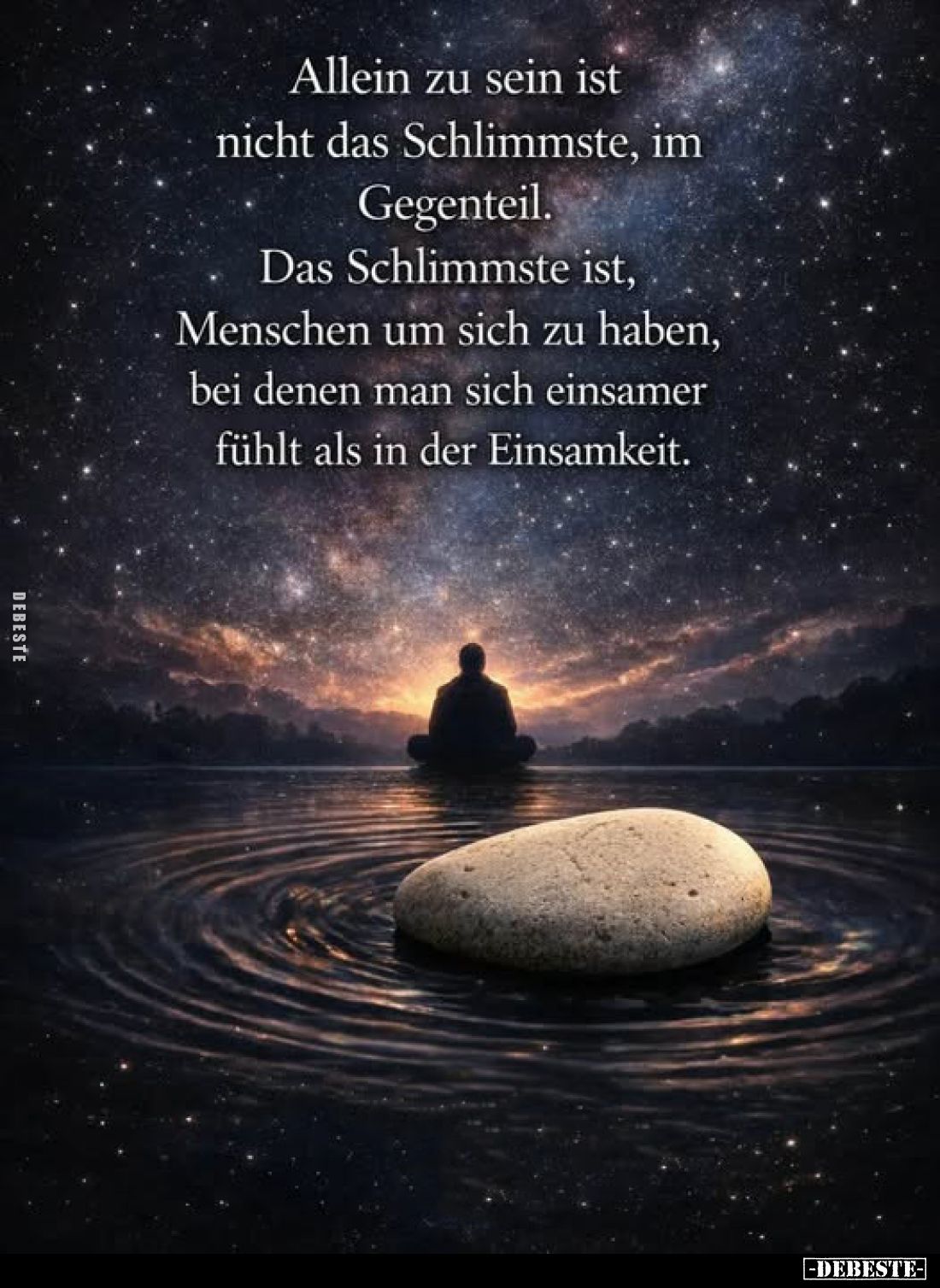 Allein zu sein ist nicht das Schlimmste, im Gegenteil. Das Schlimmste ist, Menschen um sich zu haben, bei denen man sich eins...