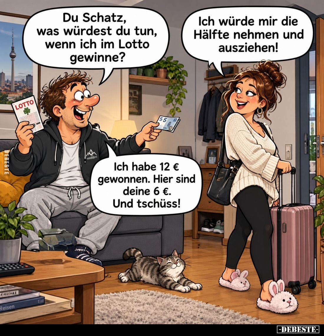 Du Schatz, was würdest du tun, wenn ich im Lotto gewinne?
Ich würde mir die Hälfte nehmen und ausziehen!

Ich habe 12 € ge...